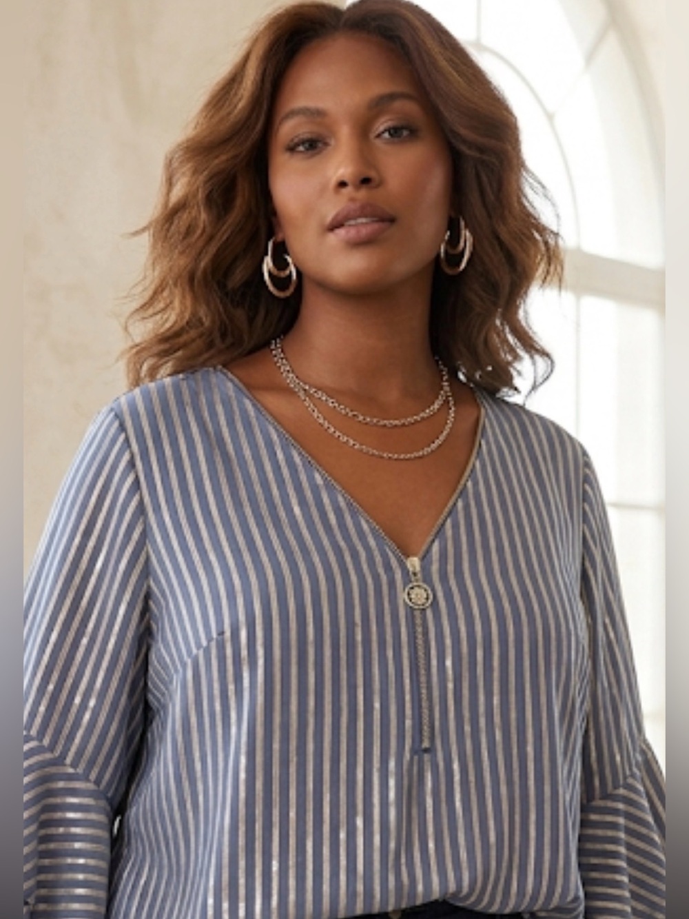 Anne Klein Blue and Metallic Gold Striped Zip-Front Top